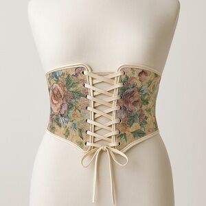 Vintage-Inspired Floral Tapestry Corset Belt – Lace-Up Waist Cincher